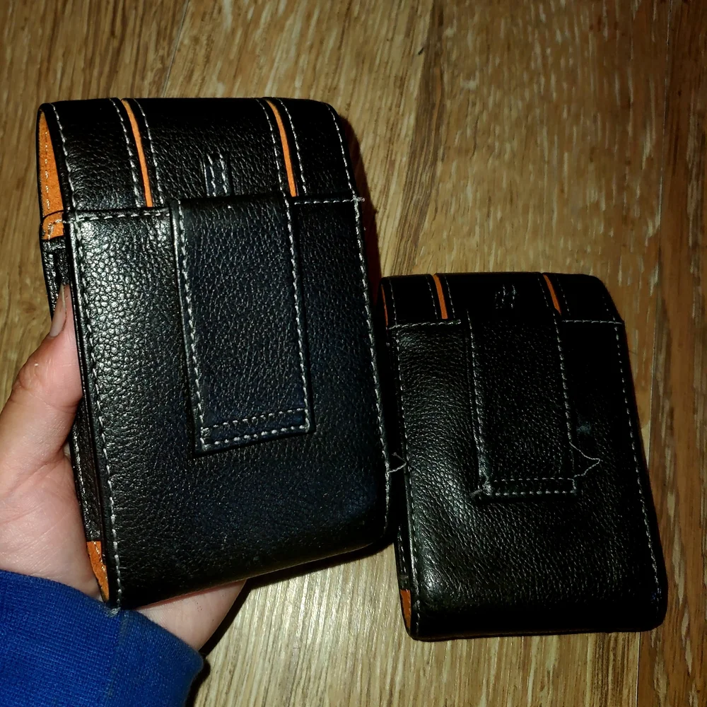 Black Leather Phone Holster with Orange Accents